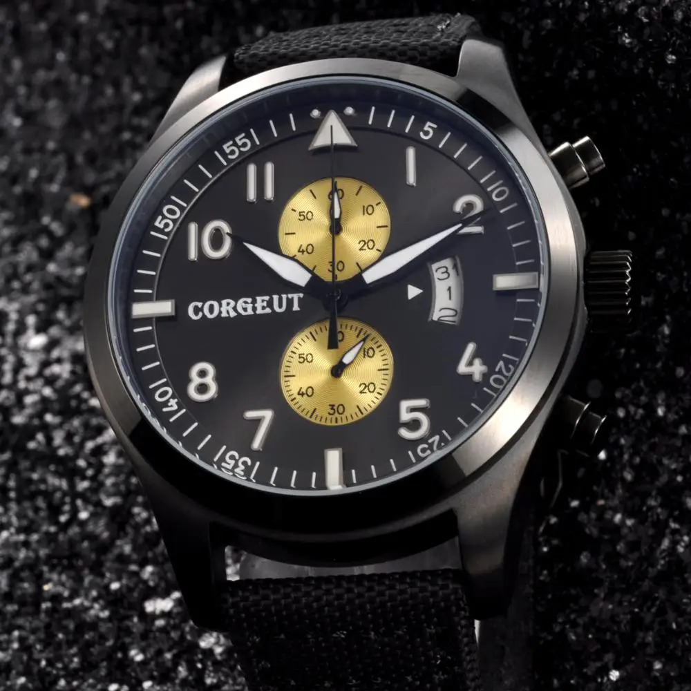 

Corgeut 46mm Men watch Black Yellow Dial Black PVD Stainless Steel Case Style Full Chronograph