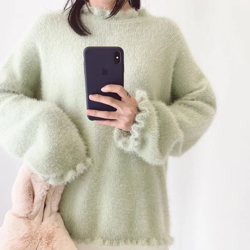 DISIMAN осенние и зимние корейские вязаные свободные пушистые женские свитера свободного покроя размера плюс розовый мохеровый свитер пуловер Женская одежда - Цвет: Зеленый