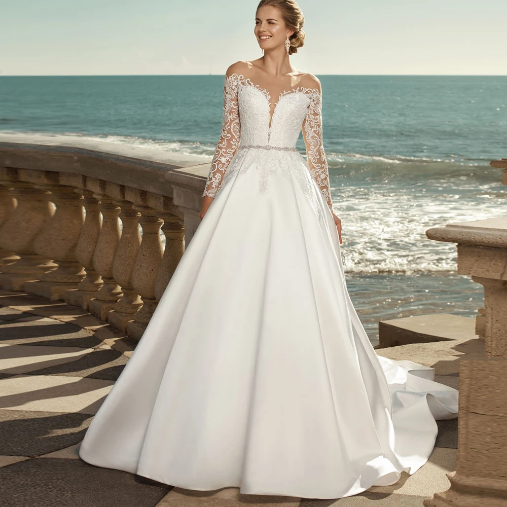 

Elegant Long Sleeves Wedding Dresses Custom Made Scoop Appliqued Beaded A-line Satin Bridal Gown 2020
