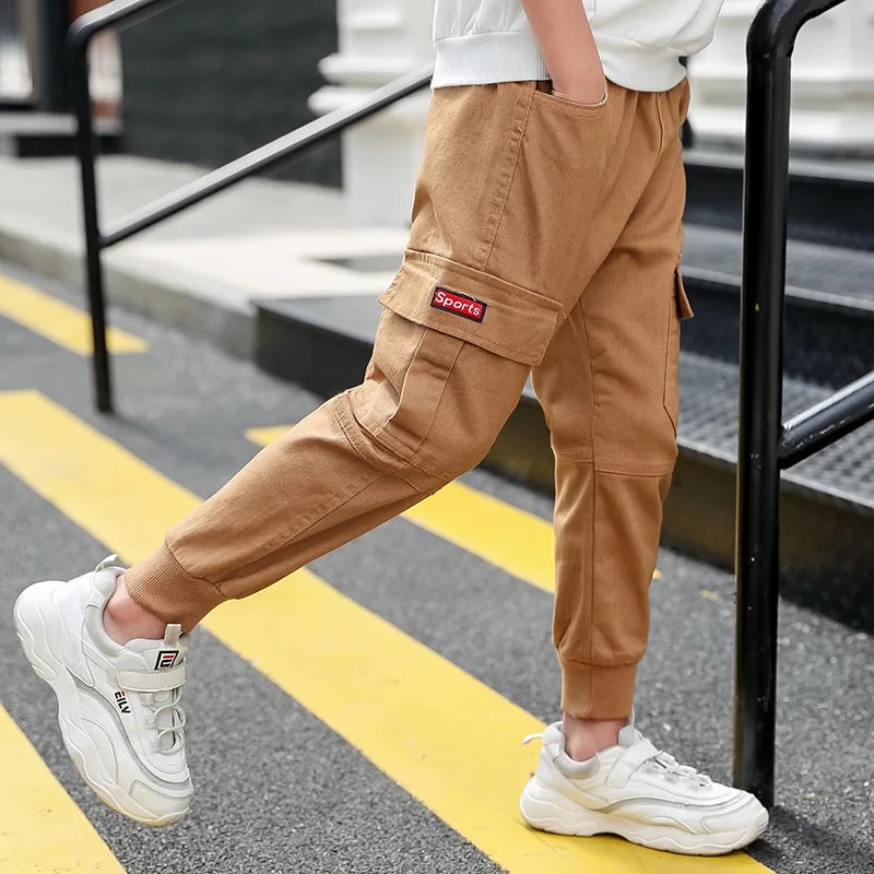 Khaki IENENS Kids Boys Long Pants Girls Casual Sports Trousers Spring Autumn Children Boy Running Pants Elastic Waist Pants 5-13Y - Цвет: Khaki