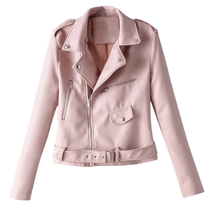 Женские крутые кожаные куртки для девочек, Байкерский стиль, пальто на молнии с длинными рукавами, осенняя куртка с отложным воротником, 9814 - Цвет: Pink