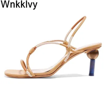 

Women metal strange high heels sandals narrow band real leather sandalias summer dress party shoes female zapatillas mujer 2020