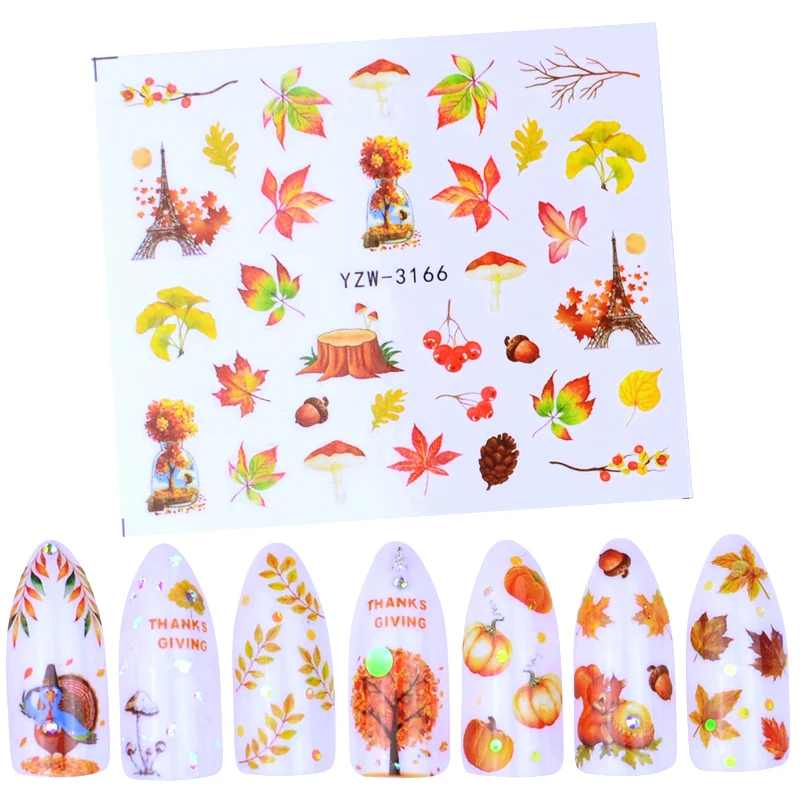 

1pcs Mix Autumn Maple Leaf Slider Nail Art Water Transfer Decals Sticker Yellow Bright DIY Charm Tips Watermark Tattoos