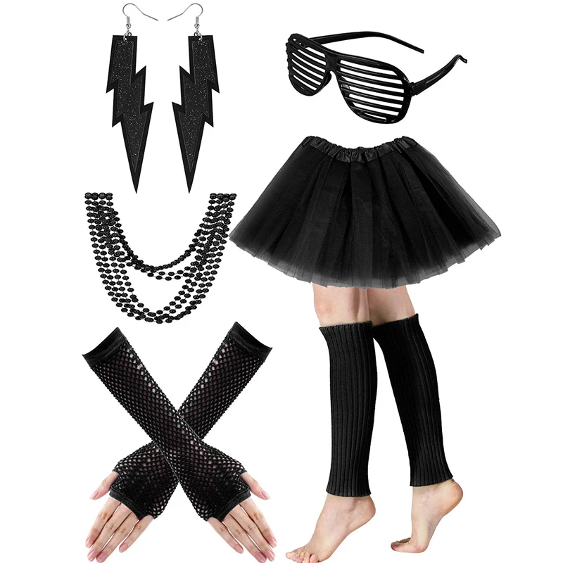 Womens 80s Costumes with Accessories Set Tutu Skirt Earrings Necklace Bracelets Fishnet Gloves Legwarmers Headband All in