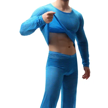 

2019 New Fashion Mens Transparent Sexy Mesh Striped See Through Long Sleeve Muscle Undershirts Nightclub Party Top Tees