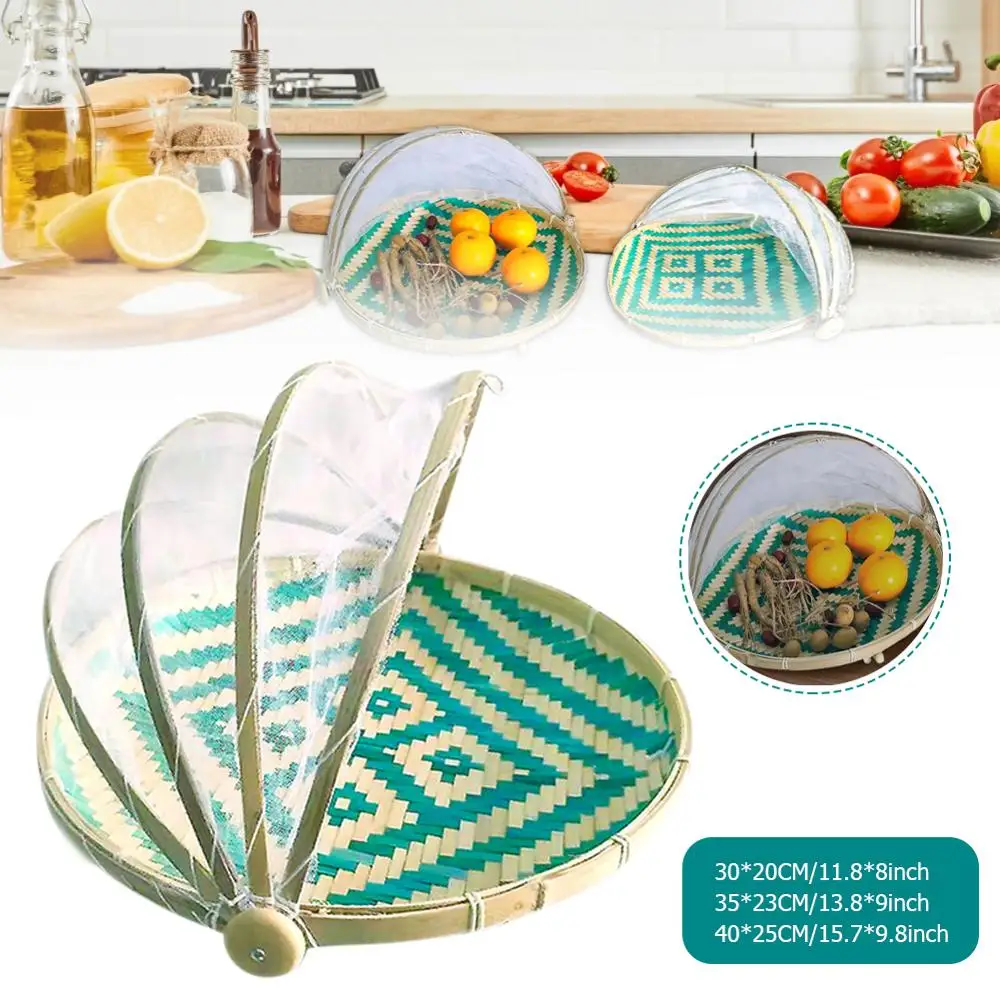 

Bamboo Anti-mosquito Storage Baskets Foldable Hand-Woven Food Serving Tent Dustpan Fruit Dustproof Cover Picnic Mesh Net Tent