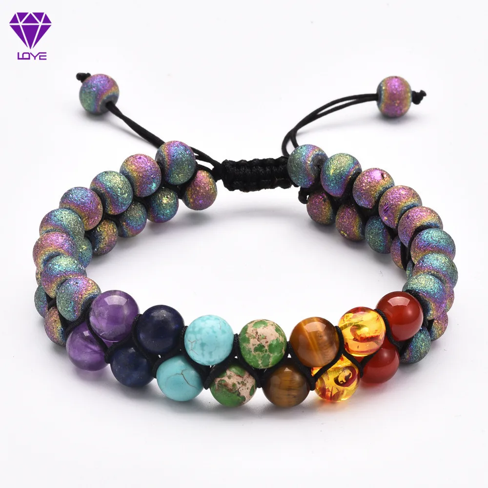 Fashion Personality Colorful Yoga Chakra Bracelet Natural Volcanic Stone Scrub stone Double Layer Braided | Плетеные браслеты
