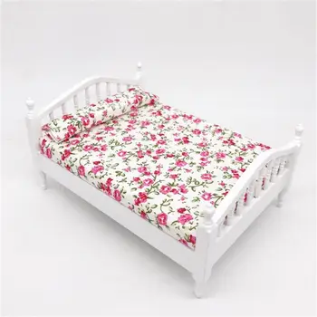 

Dollhouse Accessories Wooden Double Queen Bed Flower Pattern Mini Furniture For 1/12 Scale Doll 72XC