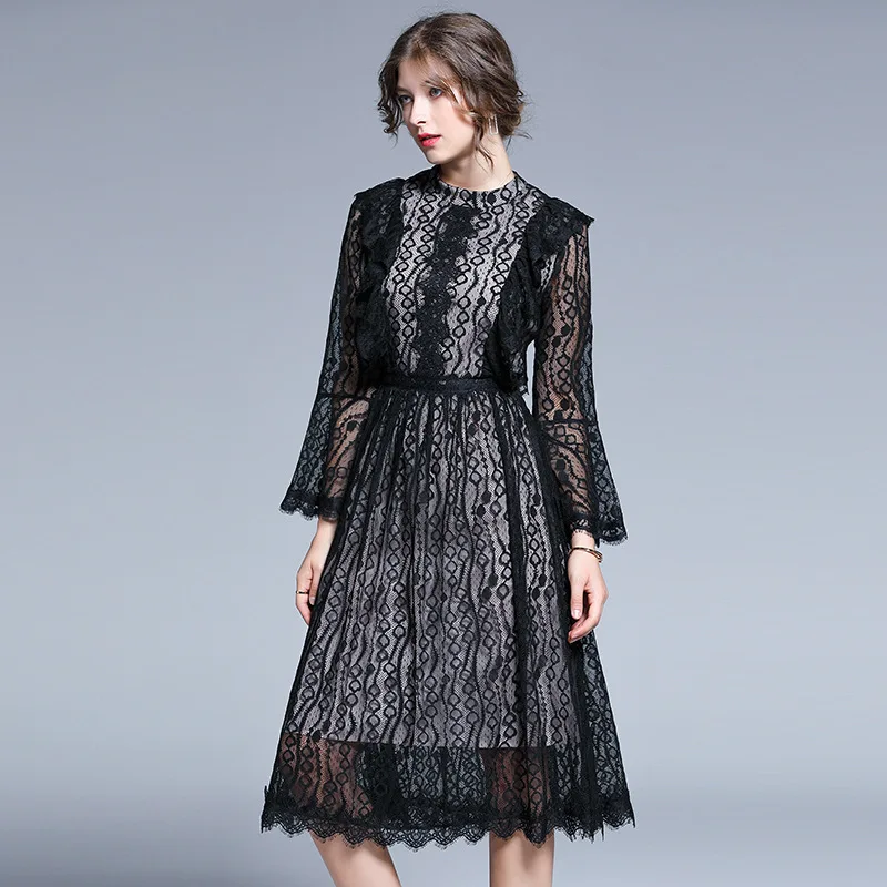 

2019 Autumn WOMEN'S Dress Waist Hugging Slimming Mid-length Debutante Elegant Lace Mid-length Dress