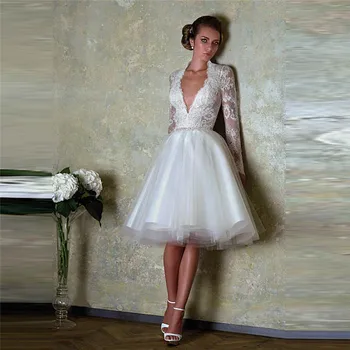 

Long Sleeves Lace Top A Line Short Wedding Dress Soft Tulle Knee Length Custom Made Bridal Gowns 2021 Formal Women Wedding Wear