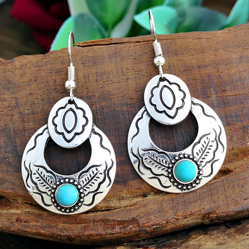Earrings D356 Богемные металлические серебряные полые большие круглые висячие серьги винтажные Подвески инкрустировано синим камнем женские преувеличенные серьги Z3D251 - Окраска металла: Earrings D356