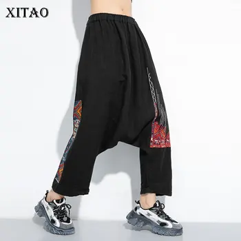 

XITAO Pleated Women Harem Pants Fashion Women 2020 Spring Summer Print Pleated Elastic Waist Minority Full Length Pants DMY4270