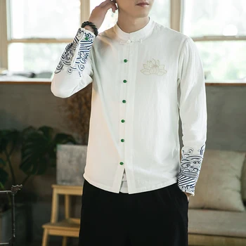 

Mens Slim Fit Chinese Style High Quality Cotton Linen Shirts Men Casual Embroidery Tang Suit Kung Fu costume Homme