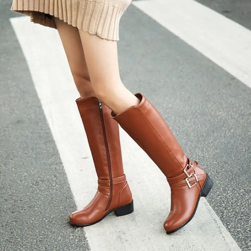 FITWEE Size 33-46 Pu Leather Knee High Boots Chunky Heels Buckle Zipper Long Boots Retro Winter Warm Shoes Woman Footwear