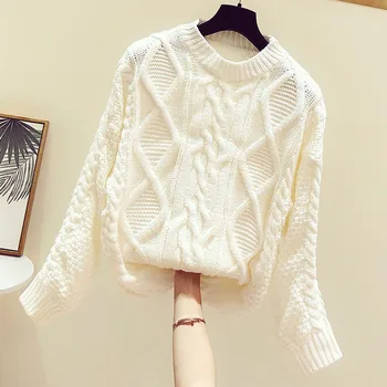 

2019 Autumn Winter New Twist Pattern Thickening Sweaters Ladies Round Collar Long Sleeved Sweater Loose Solid Knitted Pullovers