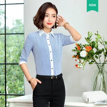 

Shirt Female Stripes Middle Sleeve Bow Summer Leisure Joker Waist Occupation Foreign Style Shirt Female