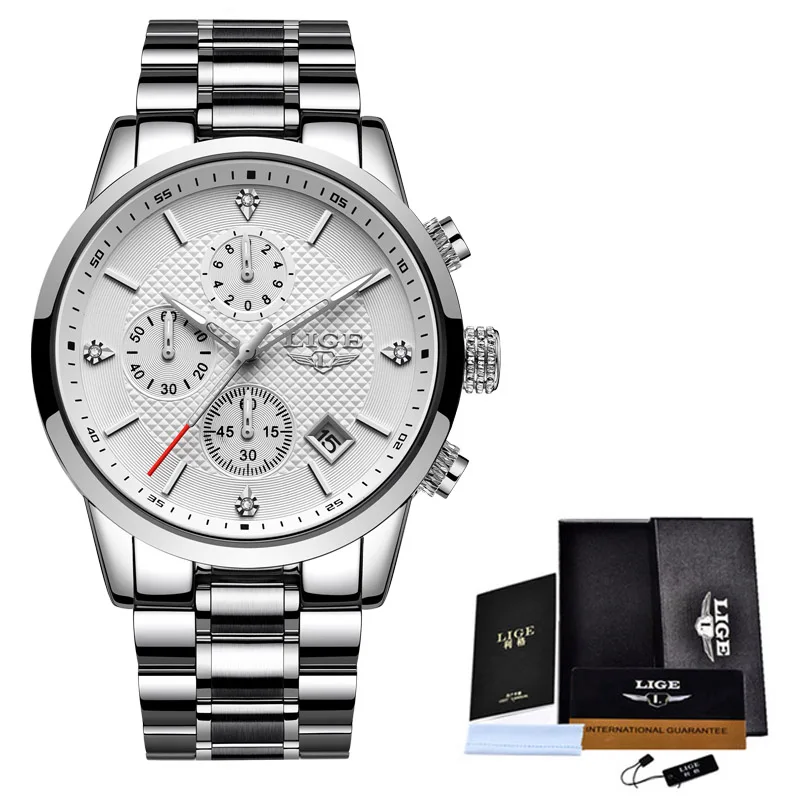 S Silver White LIGE мужские часы Топ люксовый бренд спортивные кварцевые часы мужские водонепроницаемые наручные часы с хронографом мужские часы из нержавеющей стали часы с датой - Цвет: S Silver White