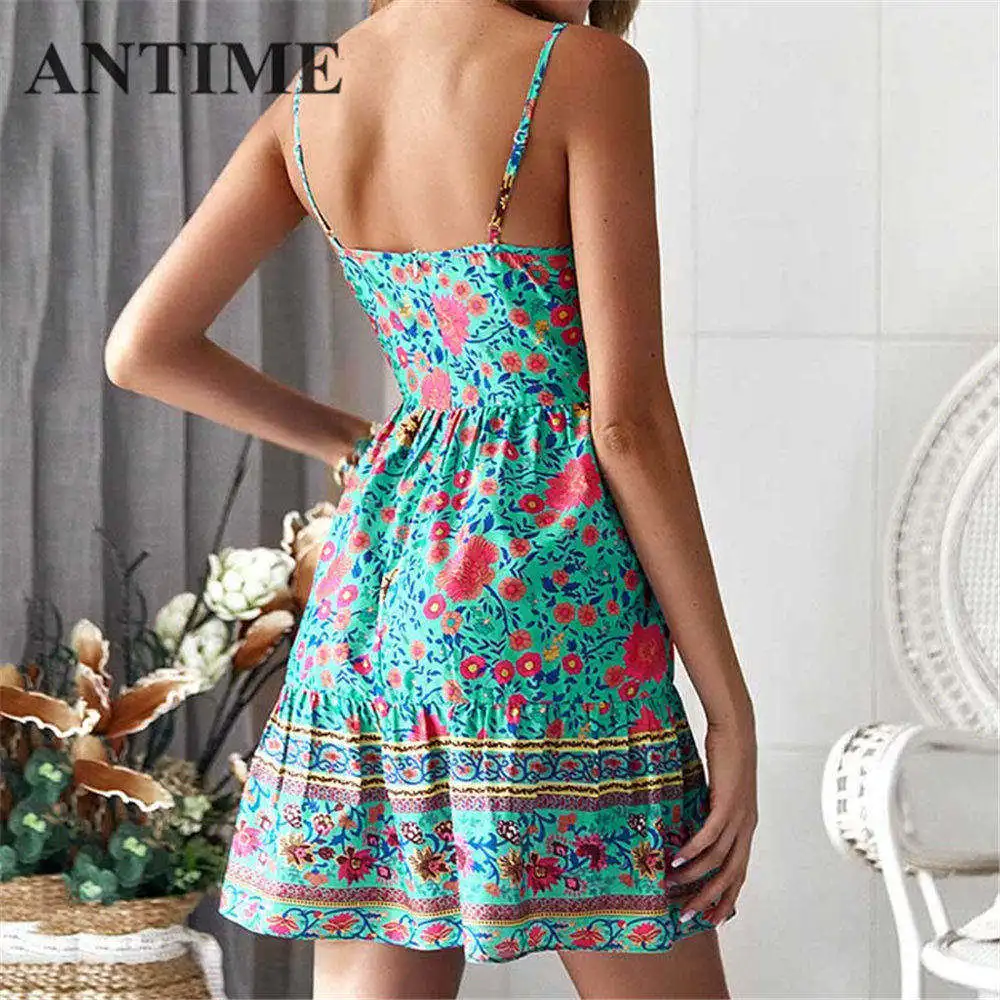 ANTIME Boho платье на бретельках женское летнее богемное ТРАПЕЦИЕВИДНОЕ ПЛАТЬЕ С v-образным вырезом на шнуровке повседневное Мини шифоновое платье без рукавов винтажное