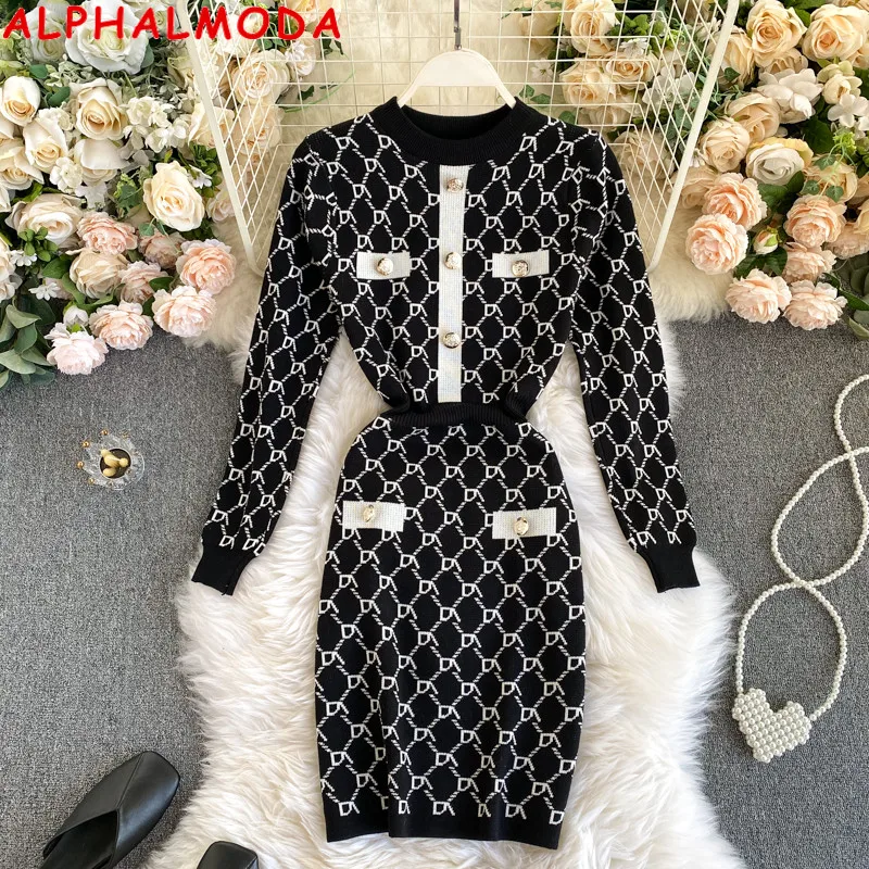 

ALPHALMODA Autumn Spring Women Classical Plaids Knitting Dress Button Details Vintage Female Winter Dress Above Knee