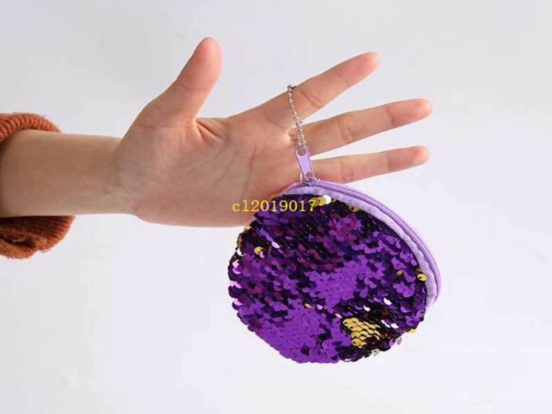

New mermaid sequined storage bag key ring zero purse plush circular zipper headphone case