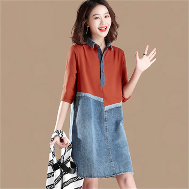 Новое весенне-осеннее женское платье на грудь 120 см, большие размеры, модные повседневные свободные в стиле пэтчворк, джинсовое платье для женщин, поддельное платье из двух частей