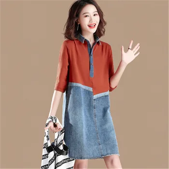 

New Chest 120CM Spring Autumn Women Dresses Plus Size Fashion Casual Loose Patchwork Jeans Dress For Women Fake Two-Piece Dress