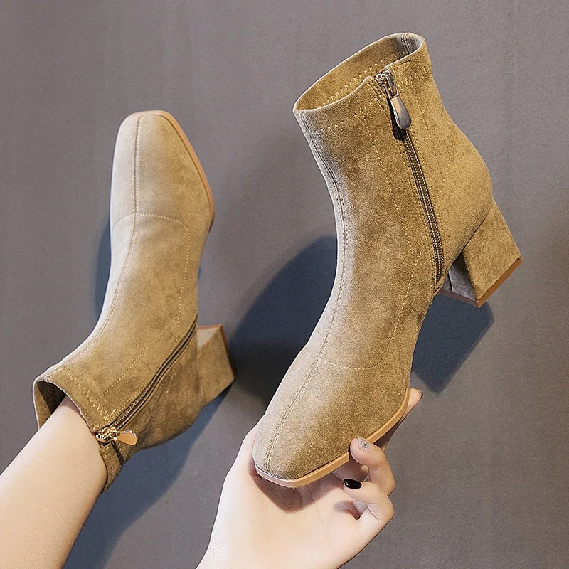 

2019 Autumn And Winter New Style Semi-high Heeled Short Boots Women's Square Head Chunky-Heel Middle Boots Versitile Fashion Kor