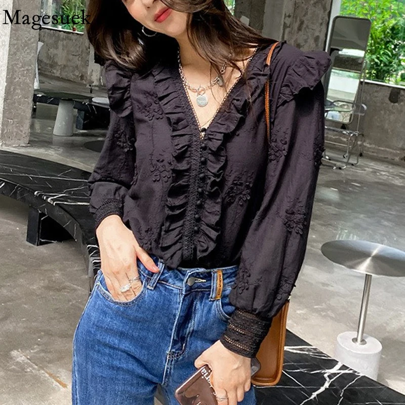 

Женская блузка с длинным рукавом, элегантная белая и черная блузка во французском стиле с V-образным вырезом и вышивкой и оборками, 18236