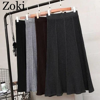

Zoki Autumn Women Pleated Skirt Elastic High Waist Knitted Mid-Calf Fashion Casual Korean Solid Color Winter Warm Black Skirt