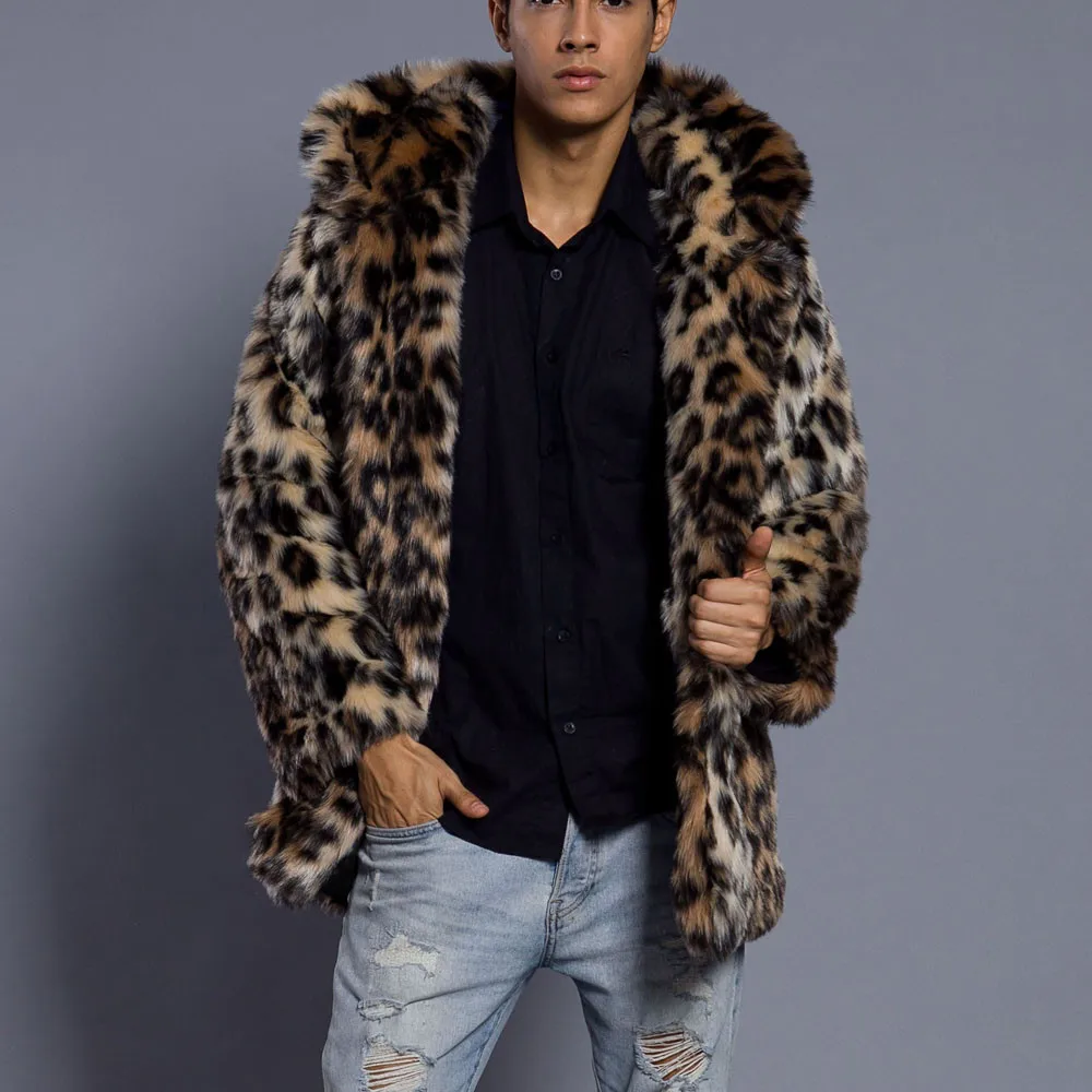 Новинка, мужское леопардовое теплое пальто с толстым меховым воротником, куртка, парка из искусственного меха, верхняя одежда, кардиган, пальто, модная мужская куртка, верхняя блузка