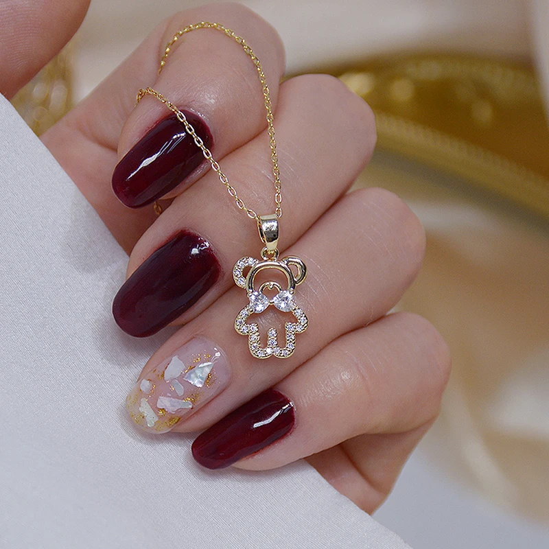 14k Real Gold Feminia Cute Bear Short Necklace for Women Ins Hot Sale Shine Zircon Choker Birthday Gift Wedding Jewelry Pendant