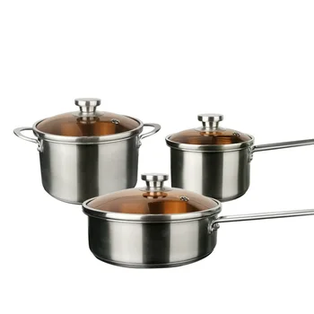 

304 stainless steel kitchen pot double bottom milkpot soup pot steak frying pan3pcs uncoated pot gift cookware cooking pots set