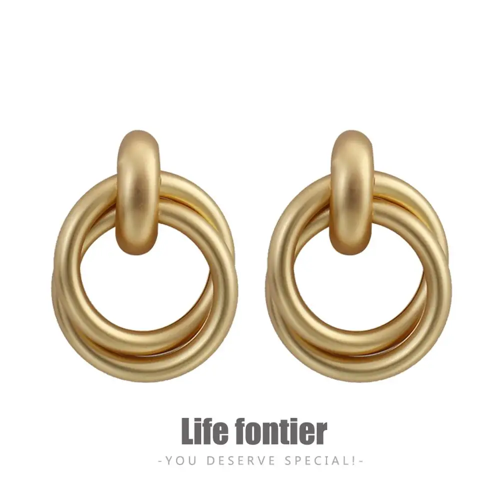 Женские круглые сережки Lifefontier золотистые из сплава с геометрическим узором