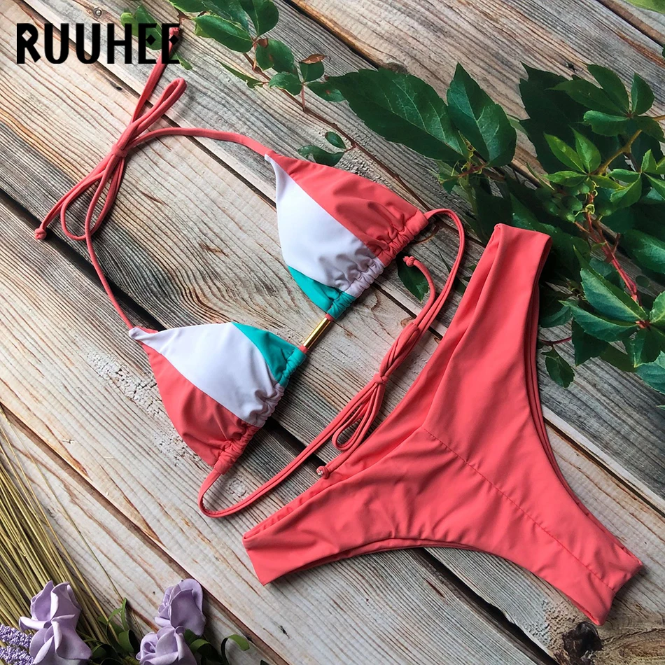 

RUUHEE Sexy 2019 Women Bikini Push Up Swimsuit Swimwear Lace Up Bathing Suit Halter Padded Female Bikini Set Beachwear Summer