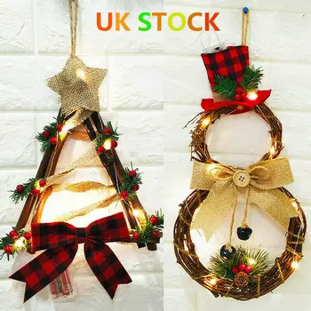 

Ornaments Christmas Wreath Artificial Flowers LED Lights Snowman Christmas Wreath Rattan Circle Door Christmas Hang Decoration