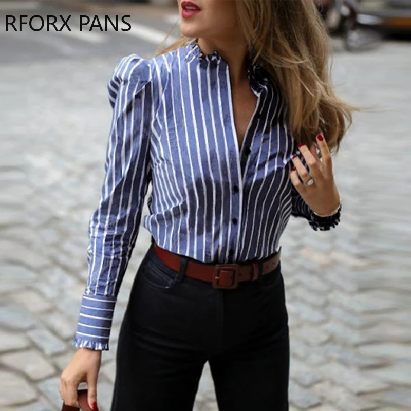 

Striped Puffed Sleeve Frill Hem Casual Blouse