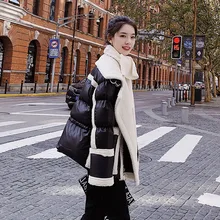 Хлопковое Женское пальто,, стиль, корейский стиль, короткое, овечья шерсть, соединение INS, Черное и белое, с рисунком, для студентов, рабочая одежда, хлопок