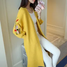Autumn Women Sweaters Casual Loose Knitted Jumpers Elegant Ladies Korean Embroidery Lantern Sleeve Long Cardigan Coat