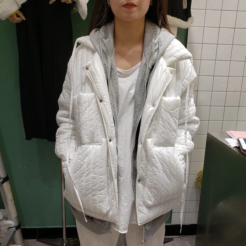European Autumn Winter New Loose-fitting Parka Coat Hoodie Stitching Fake Two-piece Hooded Down Cotton Jacket Woman Outwear