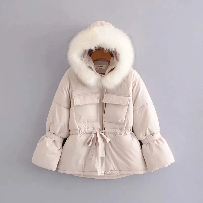 Бежевый Big Fur Collar Winter Coat Hooded Parkas Warm Cotton Jackets Drawstring Plus Size Jackets For Women Big Pocket Outwear - Цвет: Бежевый