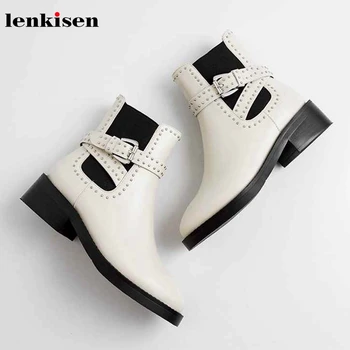 

Lenkisen new British boots ankle straps rivets decorations round toe genuine leather med heels winter warm women ankle boots L47