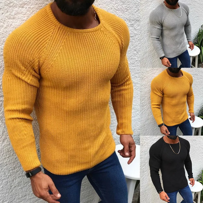 

Mens Solid Knit Sweater 2019 Autumn And Winter Slim Long Sleeved Round Neck Pullover Sweater Shirt Casual Homme Casaco Masculino
