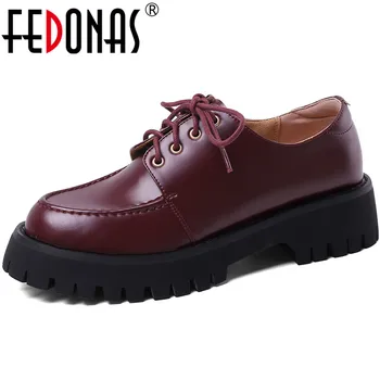 

FEDONAS Sexy Elegant Genuine Leather Platform Chunky Heels Handmade Shoes For Women Cross Tied Red Women Shoe Casual Shoes Woman