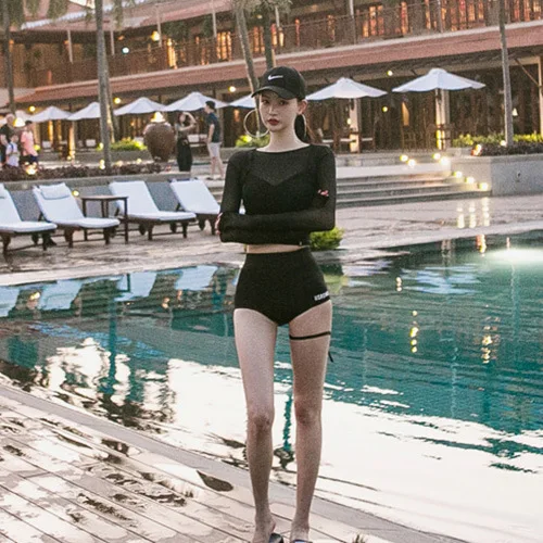 

Korean-style New Style Sexy Push up Swimsuit Black Mesh Transparent Long Sleeve Bikini Three-piece Set Hot Springs Swimwear Wome