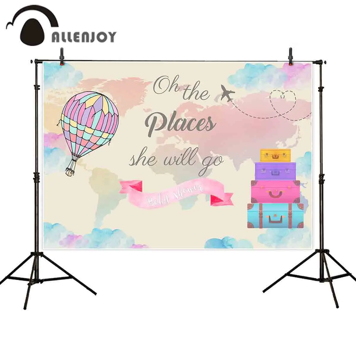 Allenjoy Giraffe Photocall Helium Balloon Box Ribbon Plane Oh The Places She Will Go Watercolor Banner Baby Shower Party Curtain | Дом и сад