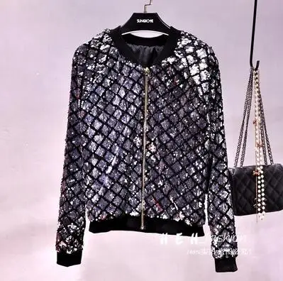 silver Qooth Chaqueta Lentejuelas Mujer куртка с блестками Женские базовые пальто кардиган куртка-бомбер Женская бейсбольная куртка с длинным рукавом qh2162 - Цвет: silver