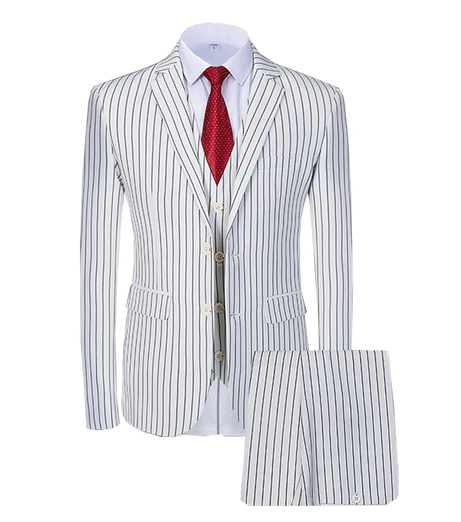 

Solovedress 3Pieces Stripes Blazer Vest Notched Lapel Tuxedos Mens Prom Wedding Pinstripes Suit Slim Fit Formal Premium Tailcoat