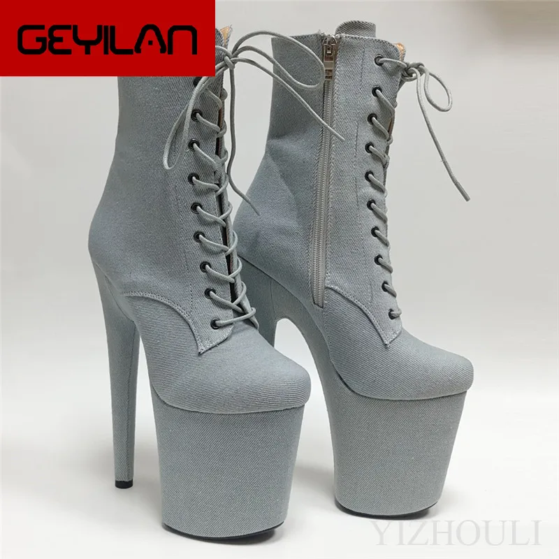 

Gray vamp 20CM/8 inch pole dancing heels, heavy banquet soles, round-headed model stiletto platform ankle boots