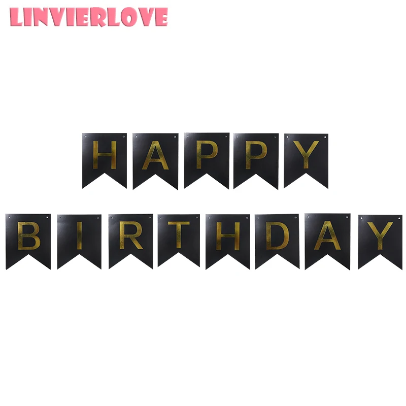 

LINVIERLOVE 1set Black Happy Birthday Paper Banner Party Decor Kids Garland Child Baby Boy Girl 20*16cm Bunting Flags Supplies