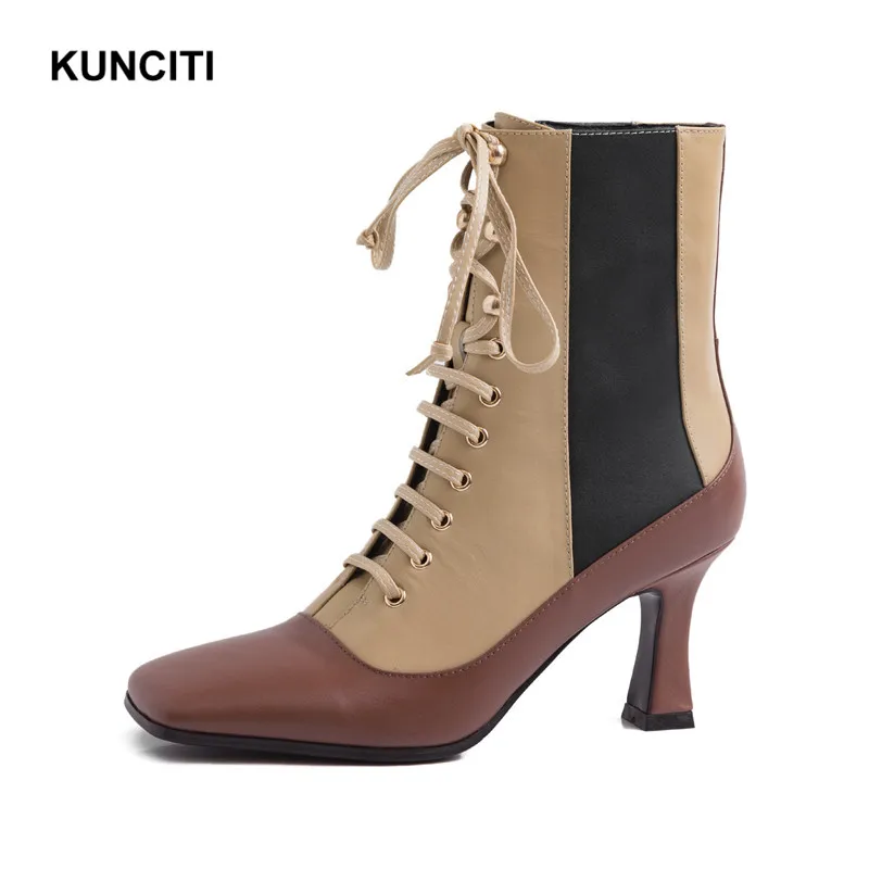 

2019 KUNCITI High Heel Women Autumn Boots Square Toe New Fashion Ankle Booties Lace Up European Vintage Shoes For Lady D957